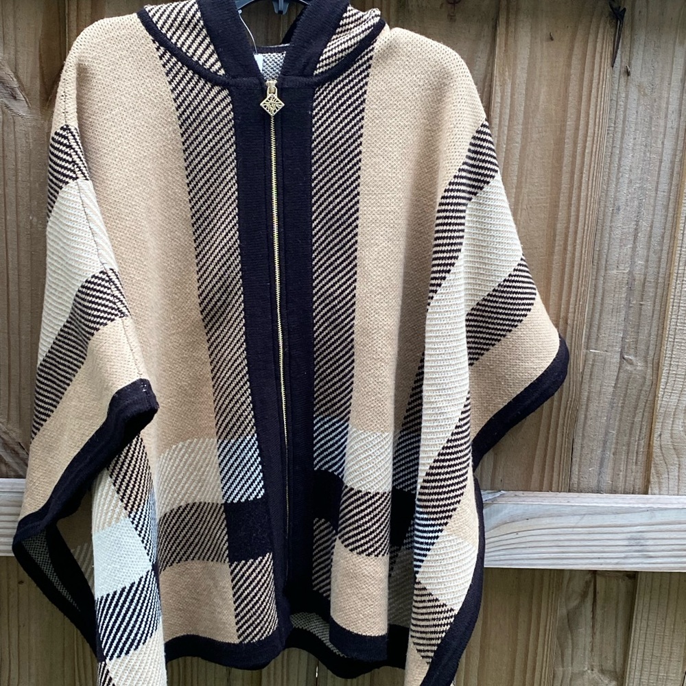 Anne Klein Plaid Hooded Poncho with Zipper